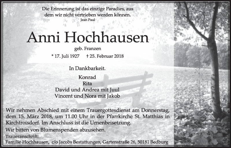  Traueranzeige für Anni Hochhausen vom 10.03.2018 aus  Sonntags-Post 