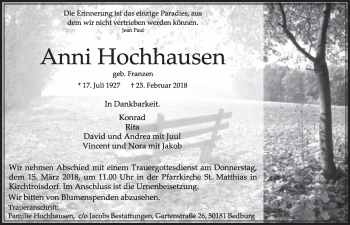 Anzeige von Anni Hochhausen von  Sonntags-Post 