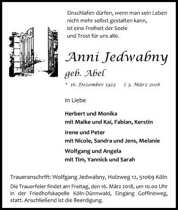 Anzeige von Anni Jedwabny von Kölner Stadt-Anzeiger / Kölnische Rundschau / Express