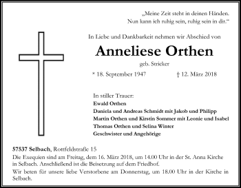 Anzeige von Anni Orthen von Kölner Stadt-Anzeiger / Kölnische Rundschau / Express