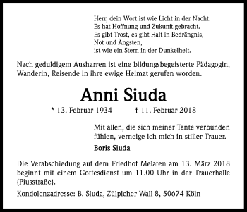 Anzeige von Anni Siuda von Kölner Stadt-Anzeiger / Kölnische Rundschau / Express