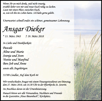 Anzeige von Ansgar Dieker von Kölner Stadt-Anzeiger / Kölnische Rundschau / Express