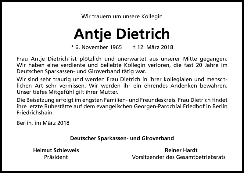  Traueranzeige für Antje Dietrich vom 26.03.2018 aus Kölner Stadt-Anzeiger / Kölnische Rundschau / Express