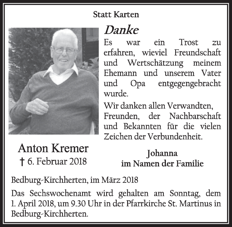  Traueranzeige für Anton Kremer vom 24.03.2018 aus  Sonntags-Post 