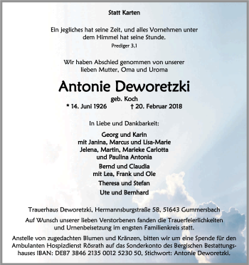 Anzeige von Antonie Deworetzki von Kölner Stadt-Anzeiger / Kölnische Rundschau / Express