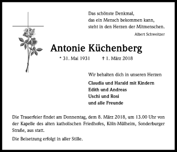 Anzeige von Antonie Küchenberg von Kölner Stadt-Anzeiger / Kölnische Rundschau / Express