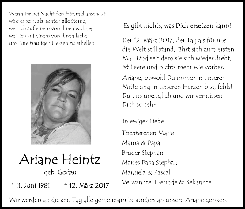  Traueranzeige für Ariane Heintz vom 10.03.2018 aus Kölner Stadt-Anzeiger / Kölnische Rundschau / Express