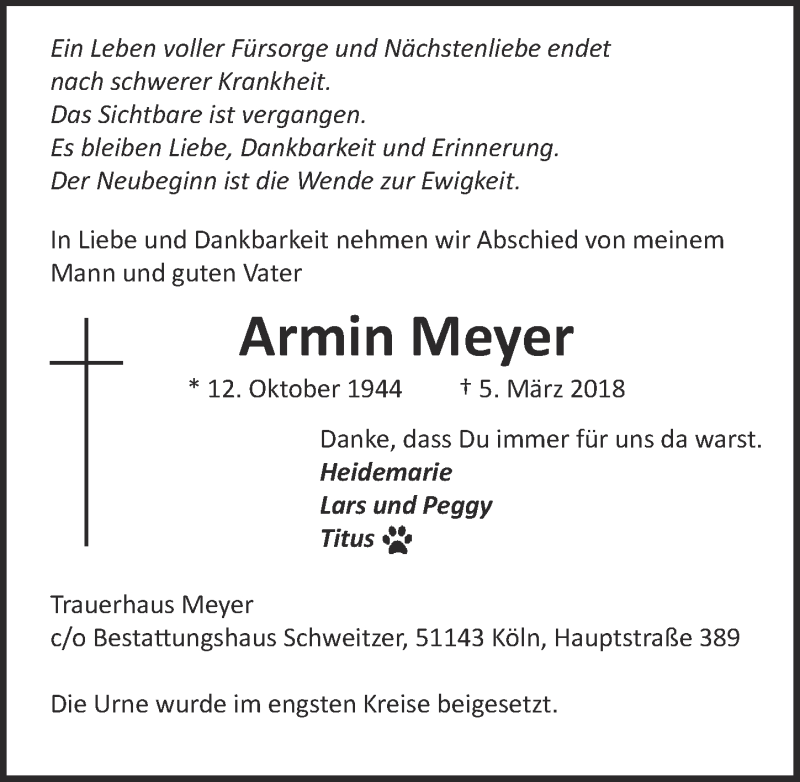  Traueranzeige für Armin Meyer vom 28.03.2018 aus  Kölner Wochenspiegel 