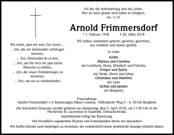 Anzeige von Arnold Frimmersdorf von Kölner Stadt-Anzeiger / Kölnische Rundschau / Express