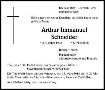 Anzeige von Arthur Immanuel Schneider von Kölner Stadt-Anzeiger / Kölnische Rundschau / Express
