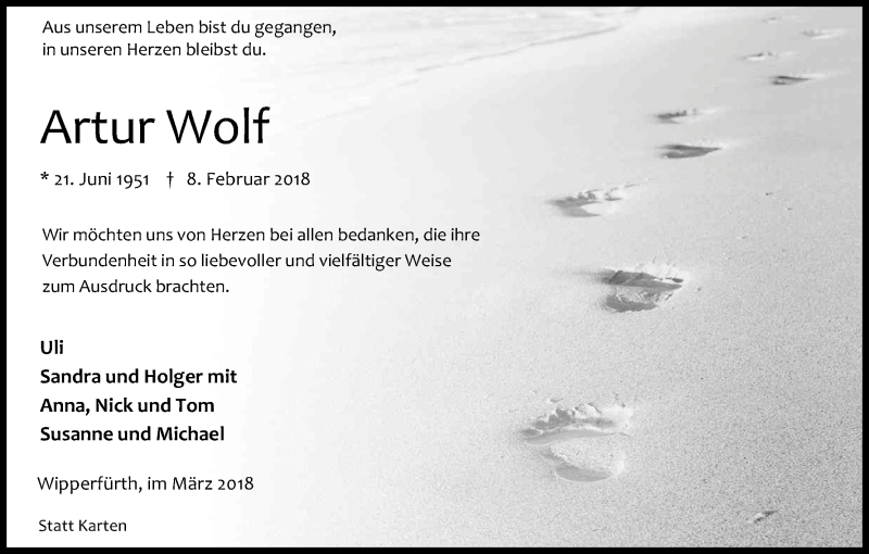  Traueranzeige für Artur Wolf vom 17.03.2018 aus Kölner Stadt-Anzeiger / Kölnische Rundschau / Express