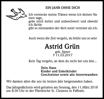 Anzeige von Astrid Grün von Kölner Stadt-Anzeiger / Kölnische Rundschau / Express