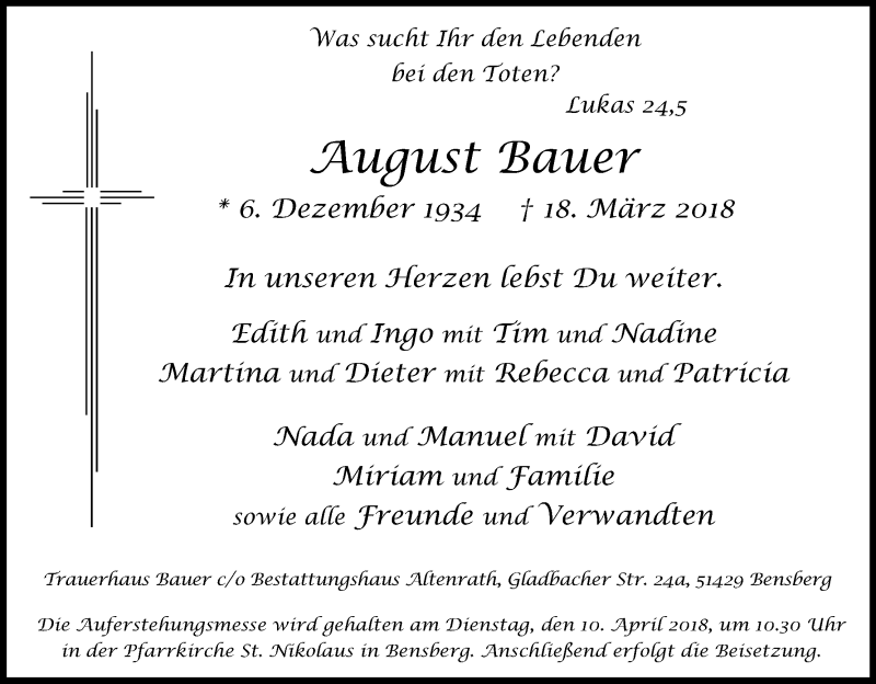  Traueranzeige für August Bauer vom 31.03.2018 aus Kölner Stadt-Anzeiger / Kölnische Rundschau / Express