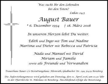 Anzeige von August Bauer von Kölner Stadt-Anzeiger / Kölnische Rundschau / Express