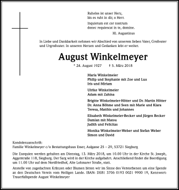 Anzeige von August Winkelmeyer von Kölner Stadt-Anzeiger / Kölnische Rundschau / Express