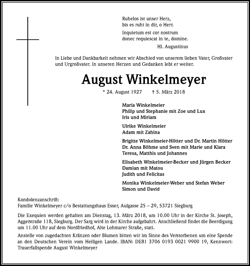  Traueranzeige für August Winkelmeyer vom 08.03.2018 aus Kölner Stadt-Anzeiger / Kölnische Rundschau / Express