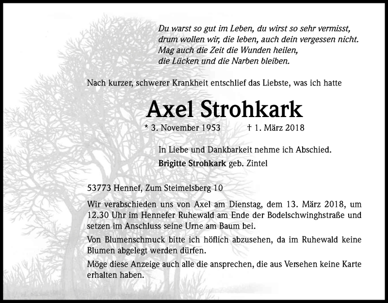  Traueranzeige für Axel Strohkark vom 10.03.2018 aus Kölner Stadt-Anzeiger / Kölnische Rundschau / Express
