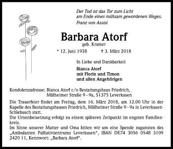 Anzeige von Barbara Atorf von Kölner Stadt-Anzeiger / Kölnische Rundschau / Express