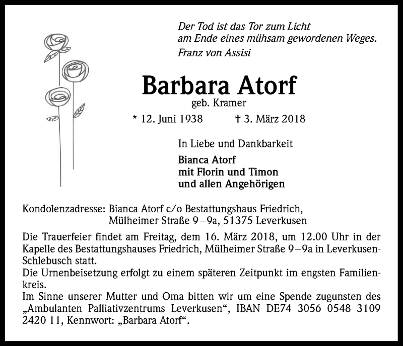  Traueranzeige für Barbara Atorf vom 10.03.2018 aus Kölner Stadt-Anzeiger / Kölnische Rundschau / Express
