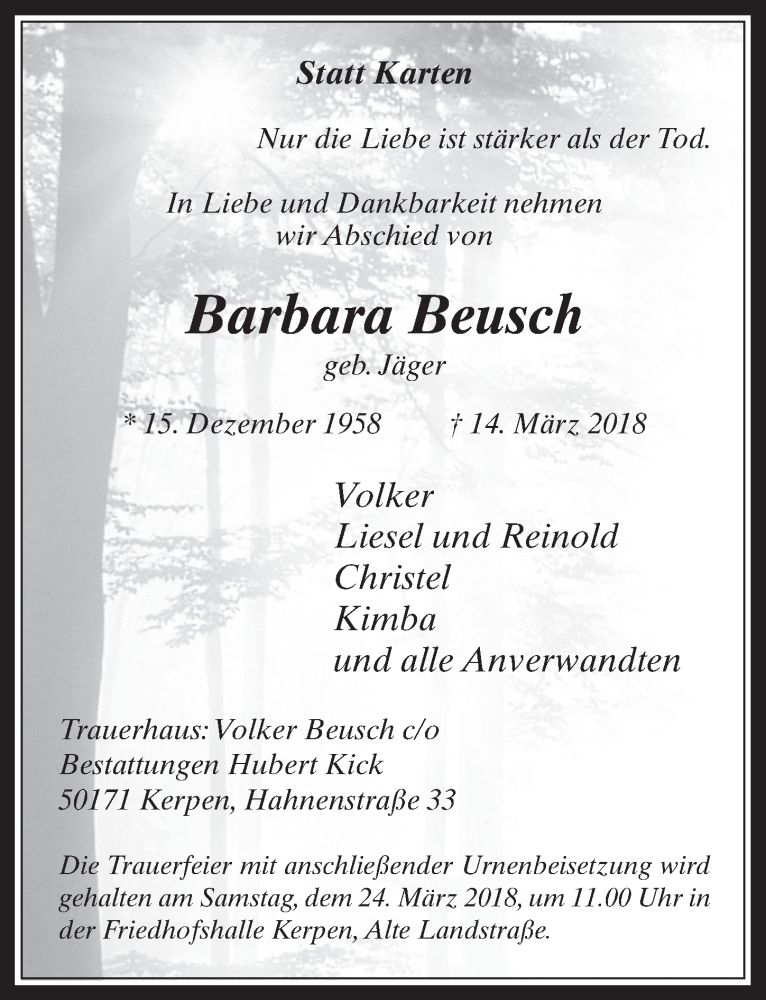  Traueranzeige für Barbara Beusch vom 21.03.2018 aus  Werbepost 