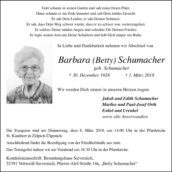 Anzeige von Barbara Betty Schumacher von  Blickpunkt Euskirchen 