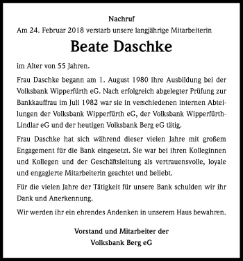Anzeige von Beate Daschke von Kölner Stadt-Anzeiger / Kölnische Rundschau / Express
