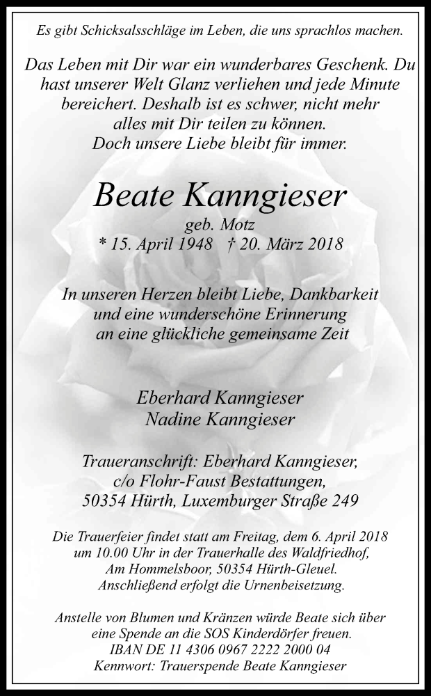  Traueranzeige für Beate Kanngieser vom 31.03.2018 aus Kölner Stadt-Anzeiger / Kölnische Rundschau / Express