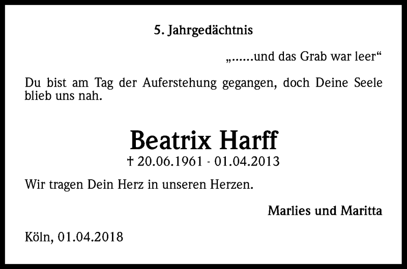  Traueranzeige für Beatrix Harff vom 31.03.2018 aus Kölner Stadt-Anzeiger / Kölnische Rundschau / Express