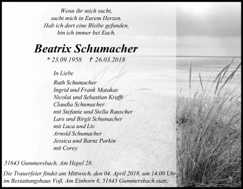 Anzeige von Beatrix Schumacher von Kölner Stadt-Anzeiger / Kölnische Rundschau / Express