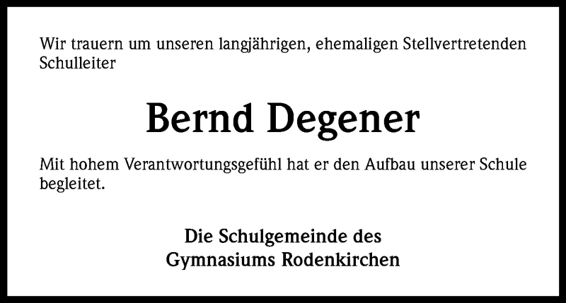  Traueranzeige für Bernd Degener vom 17.03.2018 aus Kölner Stadt-Anzeiger / Kölnische Rundschau / Express