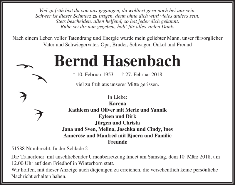  Traueranzeige für Bernd Hasenbach vom 07.03.2018 aus  Lokalanzeiger 