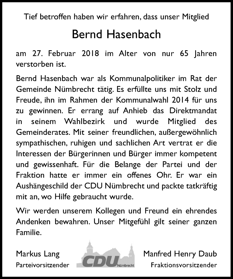  Traueranzeige für Bernd Hasenbach vom 07.03.2018 aus  Lokalanzeiger 