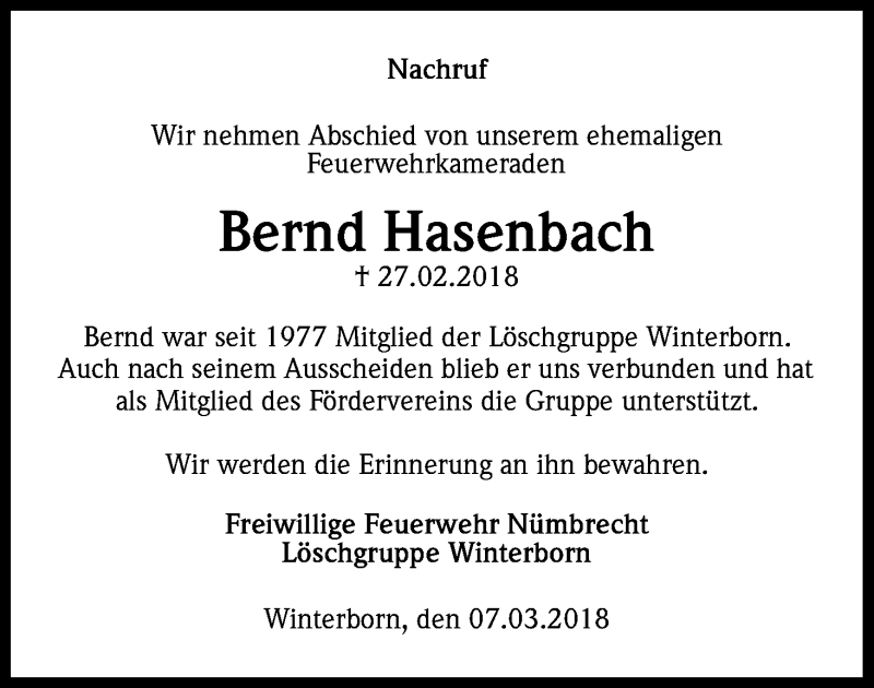  Traueranzeige für Bernd Hasenbach vom 10.03.2018 aus Kölner Stadt-Anzeiger / Kölnische Rundschau / Express