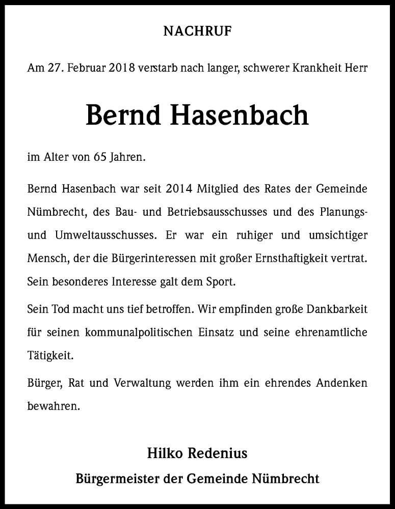  Traueranzeige für Bernd Hasenbach vom 10.03.2018 aus Kölner Stadt-Anzeiger / Kölnische Rundschau / Express