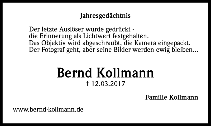  Traueranzeige für Bernd Kollmann vom 12.03.2018 aus Kölner Stadt-Anzeiger / Kölnische Rundschau / Express