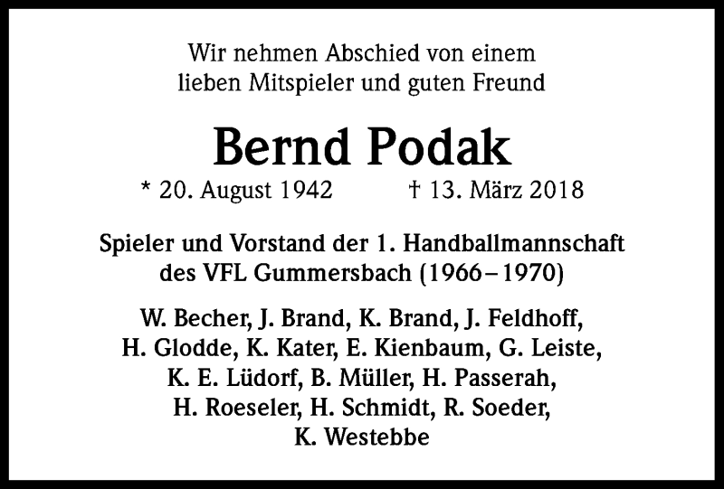  Traueranzeige für Bernd Podak vom 21.03.2018 aus Kölner Stadt-Anzeiger / Kölnische Rundschau / Express