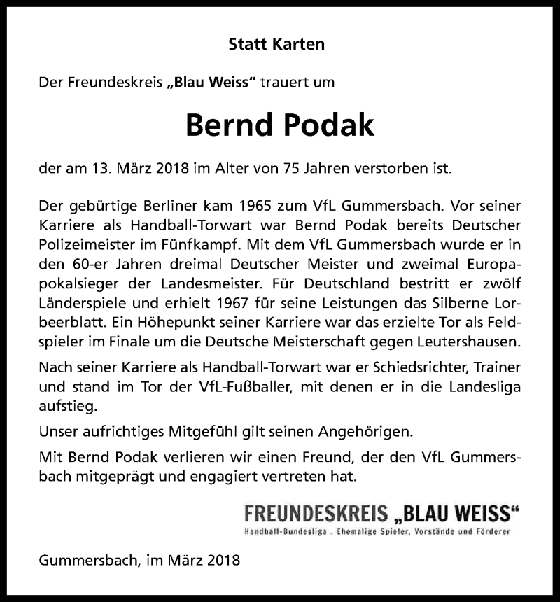  Traueranzeige für Bernd Podak vom 21.03.2018 aus Kölner Stadt-Anzeiger / Kölnische Rundschau / Express