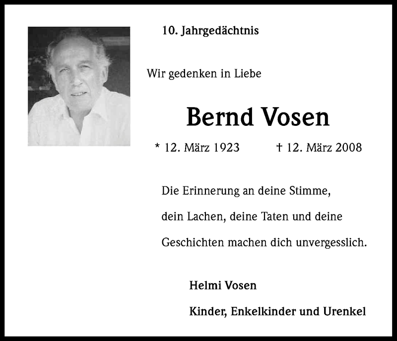  Traueranzeige für Bernd Vosen vom 12.03.2018 aus Kölner Stadt-Anzeiger / Kölnische Rundschau / Express