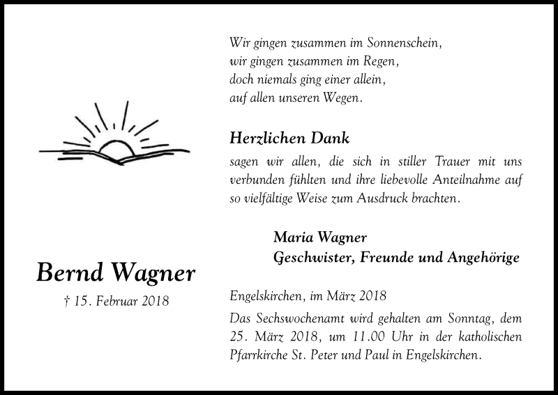  Traueranzeige für Bernd Wagner vom 17.03.2018 aus Kölner Stadt-Anzeiger / Kölnische Rundschau / Express
