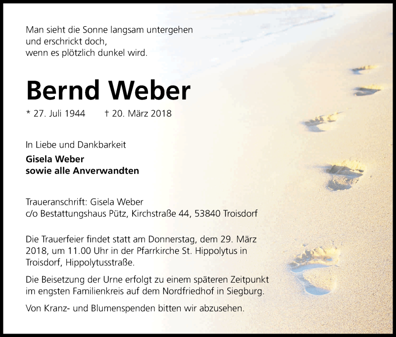  Traueranzeige für Bernd Weber vom 24.03.2018 aus Kölner Stadt-Anzeiger / Kölnische Rundschau / Express