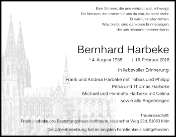 Anzeige von Bernhard Harbeke von Kölner Stadt-Anzeiger / Kölnische Rundschau / Express