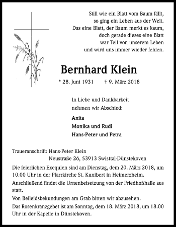 Anzeige von Bernhard Klein von Kölner Stadt-Anzeiger / Kölnische Rundschau / Express