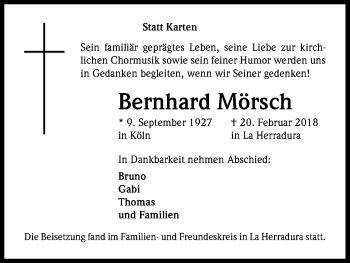 Anzeige von Bernhard Mörsch von Kölner Stadt-Anzeiger / Kölnische Rundschau / Express