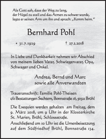 Anzeige von Bernhard Pohl von  Schlossbote/Werbekurier 