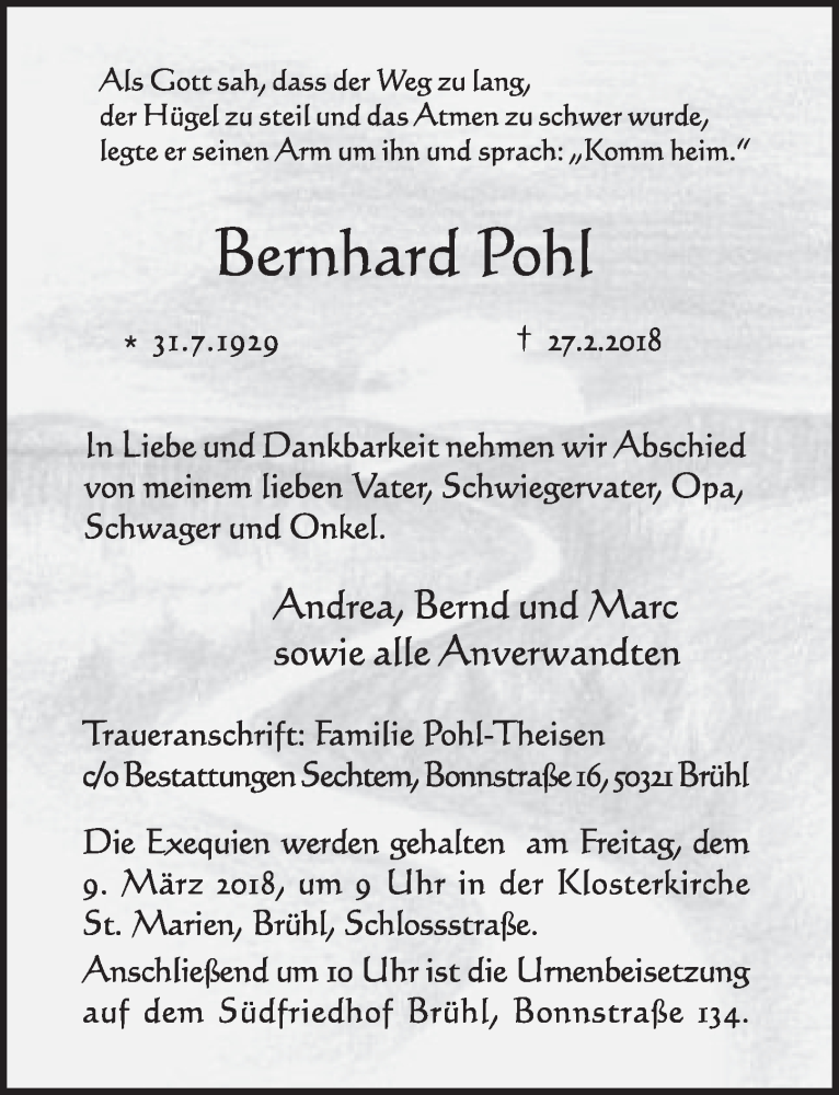 Traueranzeige für Bernhard Pohl vom 07.03.2018 aus  Schlossbote/Werbekurier 