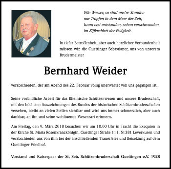 Anzeige von Bernhard Weider von Kölner Stadt-Anzeiger / Kölnische Rundschau / Express