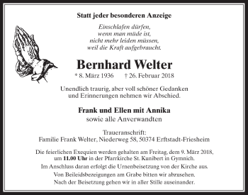 Anzeige von Bernhard Welter von  Werbepost 