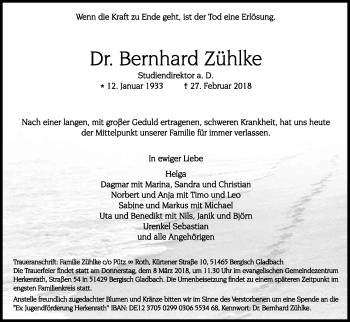 Anzeige von Bernhard Zühlke von Kölner Stadt-Anzeiger / Kölnische Rundschau / Express