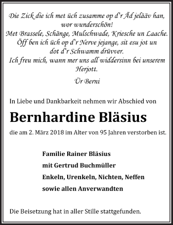 Anzeige von Bernhardine Bläsius von  Bergisches Handelsblatt 
