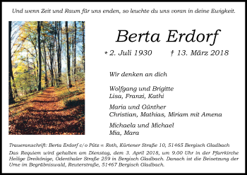 Anzeige von Berta Erdorf von Kölner Stadt-Anzeiger / Kölnische Rundschau / Express